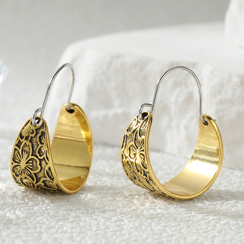Vintage Embossed Flower Pattern Textured Metal Hook Dangle Earrings